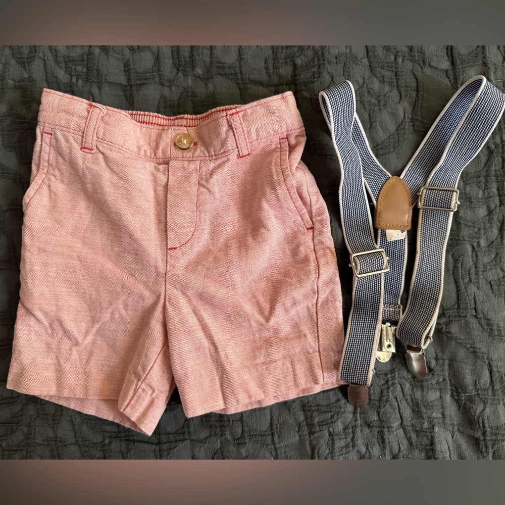 Pink Shorts with Navy Blue Striped Suspenders